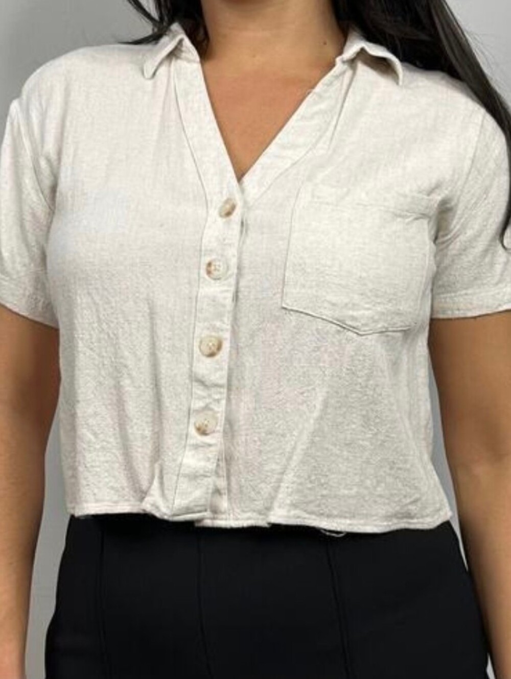 Love Notes Cream Cropped Button Down Short Sleeve Linen Blouse Large